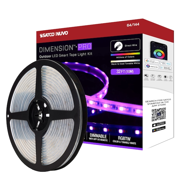 Nuvo Dimension Pro Tape Light Strip 32 ft. RGB + Tunable White - J-Box - IP65 - Starfish IOT - RF Remote 64/144 - main